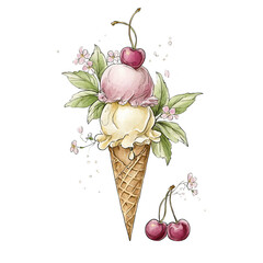 Watercolor ice cream cone with cherry topping and floral decorations isolated
