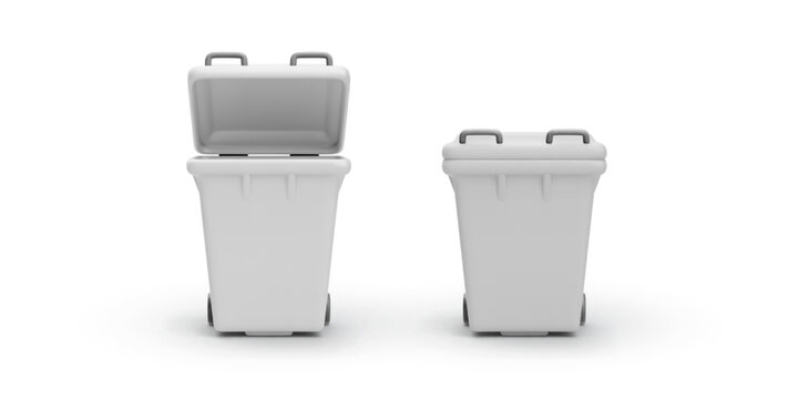 White Trash Bin Icon with Lid in Open and Closed Position. Clean and 3d Minimalistic Garbage Container for Waste Sorting and Recycling Concepts. Vector Illustration