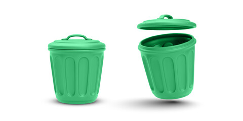 Green Trash Bin With Lid Popping Off. Eco Waste Container For Organic Sorting, Sustainability Projects, or Environmental Campaigns. Clean and Minimal Look. Vector Illustration