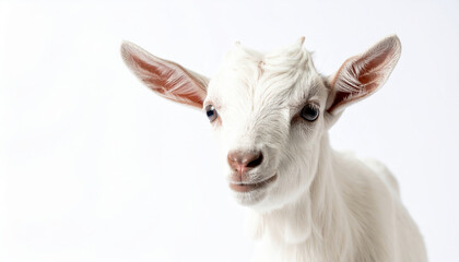 Fototapeta premium Adorable white baby goat posing on white background