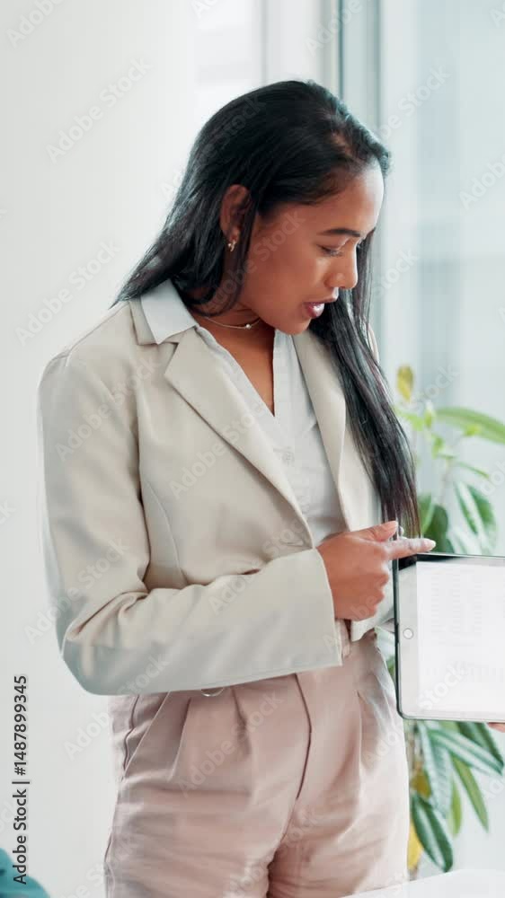 Poster presentation, screen or businesswoman with tablet for charts, data analytics or graphs for funding. 