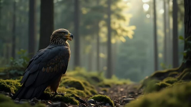 Golden eagle in forest path