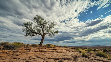  Lone tree standing resiliently in an arid, cracked earth landscape under a cloudy sky, symbolizing the climate change concept.