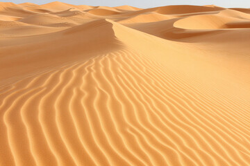 Sand dunes shaped by the wind create intricate patterns in a serene desert landscape