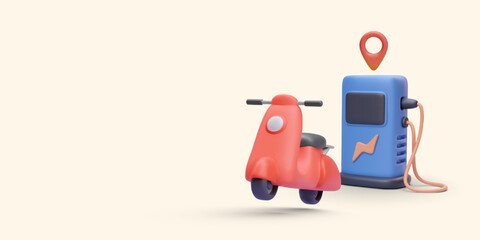 Electric Scooter With Charging Station And Location Marker On Pastel Background. Modern Urban Transport Concept With Soft 3D Style. Perfect For Apps And Web. Vector Illustration.
