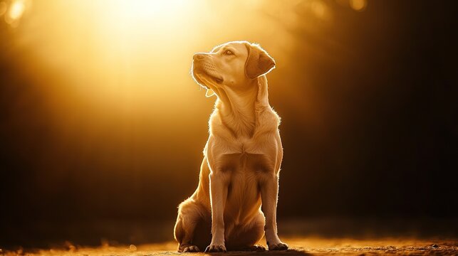 Majestic dog sitting gracefully against a glowing background, exuding serenity and poise.