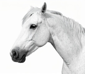 White horse looking down on white background