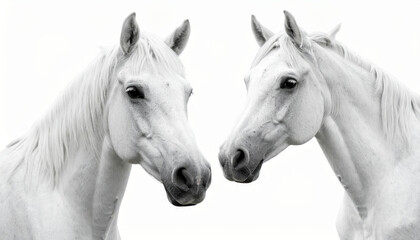 Fototapeta premium Two white horses looking at each other on white background