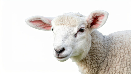 Fototapeta premium Portrait of a sheep looking to the right on a white background. Isolated on a white background