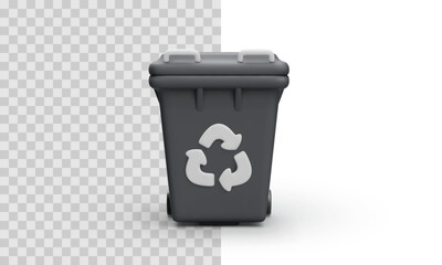 Black Recycling Bin With White Symbol on Transparent and White Background. Perfect for Eco Waste, Trash Sorting, or Clean City Concepts. Minimal 3D Style. Vector Illustration.