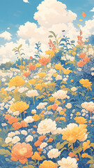 Obraz premium パステル調の春の和風花柄イラスト素材｜優しい配色で描かれた桜・梅・椿の上品なデザイン背景｜着物・和雑貨・紙製品にぴったりの和柄テクスチャ