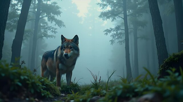 Majestic wolf in misty forest