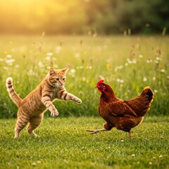 Fototapeta premium kitten and chicken
