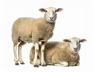 Obraz premium Two Merino Sheep posing on white background