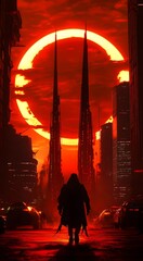 Obraz premium apocalyptic scene with a person walking towards the light of a setting sun in a post-apocalyptic cityscape. The scene evokes a sense of desolation and mystery