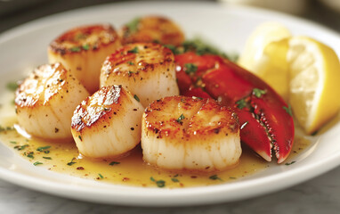 Seared Scallops with Lobster Claw and Lemon Wedge on White Plate