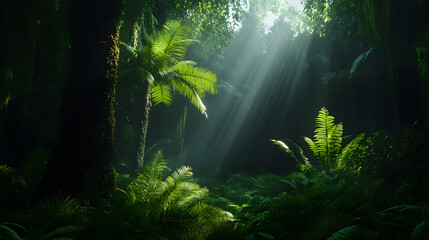 Obraz premium a lush dark, very dark thick coniferous forest with several tall, moss-covered trees, no light, and dense fern undergrowth , atmospheric depth, photorealistic, nature documentary style,
