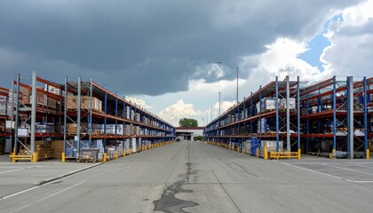 Fototapeta premium Compact Furniture Warehouse with Shelving Units Under Stormy Skies