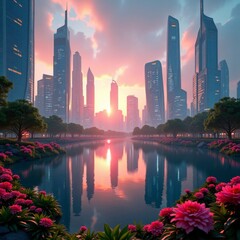 Fototapeta premium Vibrant cityscape at sunset with river, pink flowers, and towering buildings