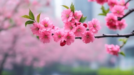 Fototapeta premium Delicate Pink Blossoms in Soft Focus Against Blurry Background of Trees