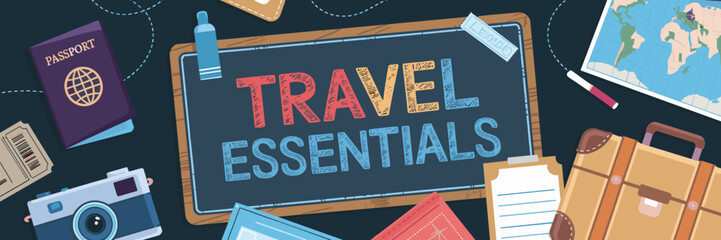 Vector chalkboard style travel essentials icon with suitcase, passport, ticket, camera, and map – Great for travel education, packing tips, or retro design projects