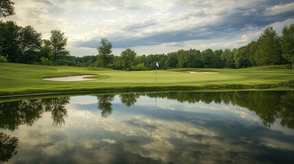  Serene golf course with a pond reflecting the cloudy sky, featuring flag and sand traps on well-maintained green, perfect for a peaceful day of golfing.