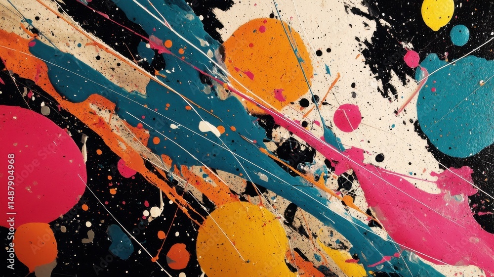 Aufkleber abstract colorful paint splatter artwork with vibrant hues of teal, orange, pink and yellow on a bla