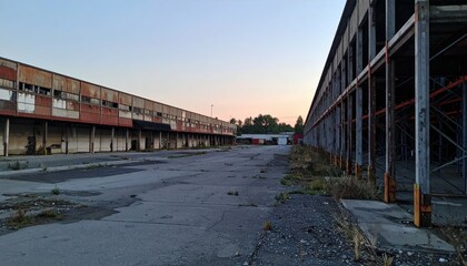 Fototapeta premium Derelict Packing Warehouse with Pallet Racking at Dawn Without People