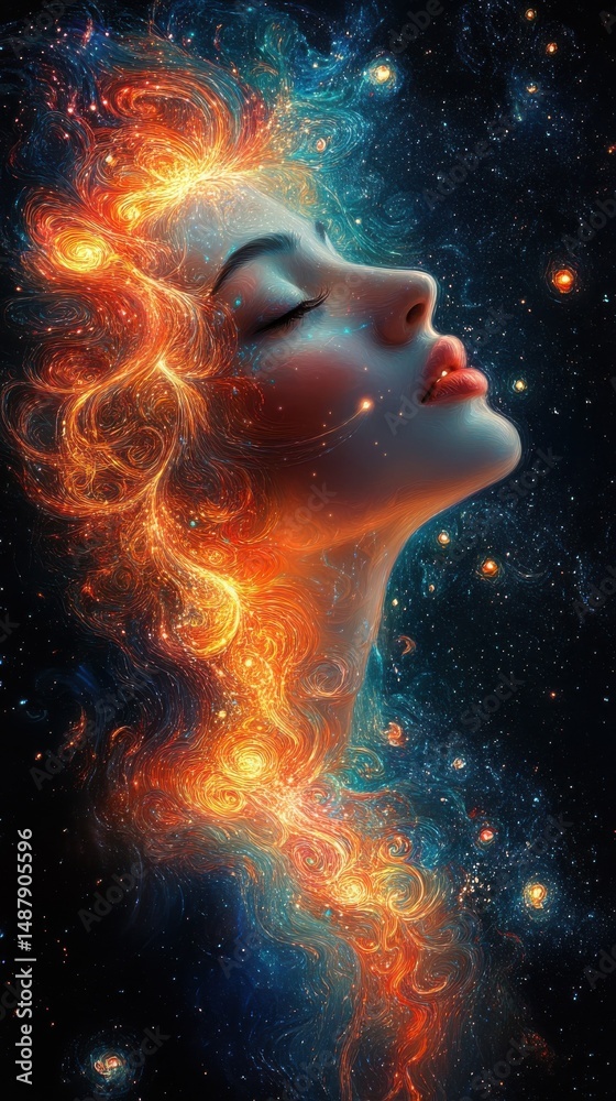 Aufkleber a serene woman's face merges with cosmic swirls of fiery orange and deep blue, creating a mesmerizin