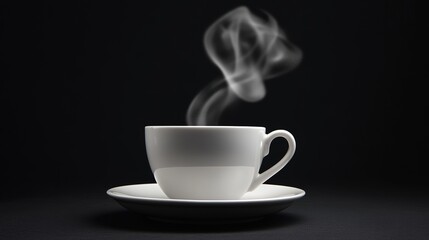 Steaming white coffee cup on saucer against black background, highlighting the allure of a fresh, hot beverage.