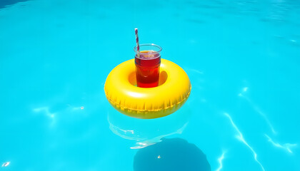 Inflatable drink holder floating in swimming pool with bright colors  