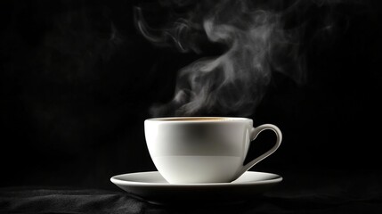 Steaming white coffee cup on saucer against black background, highlighting the allure of a fresh, hot beverage.