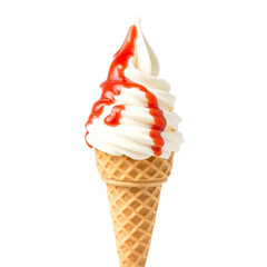 Vanilla soft serve ice cream with strawberry sauce in a crispy waffle cone isolated on transparent background