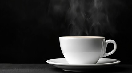 Steaming white coffee cup on saucer against black background, highlighting the allure of a fresh, hot beverage.