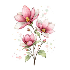 Obraz premium Watercolor painting of pink magnolia flowers and buds isolated on white art.