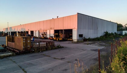Naklejka premium Derelict Shipping Depot with Robotic Pickers at Dawn Without People