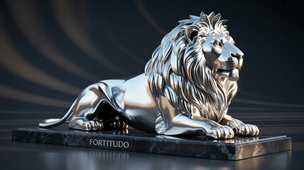 Silver lion sculpture 3D render on a dark background