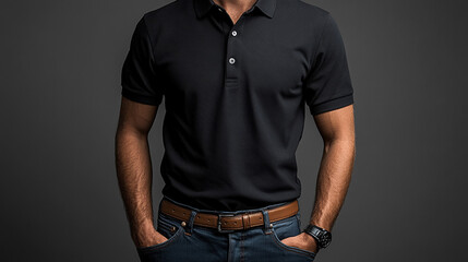 Man in black polo shirt and jeans, hands in pockets, gray backdrop