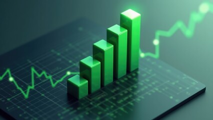 A dynamic 3D graph chart icon with rising bars in emerald green, floating above a dark interface, symbolizing business growth.