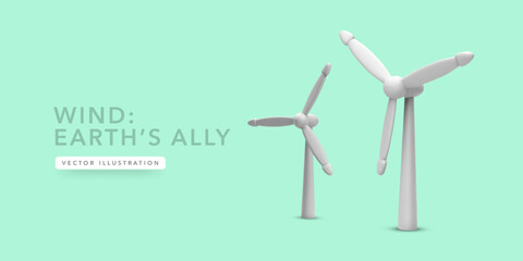 Wind Turbines Generating Clean Energy, 3D Eco Concept for Renewable Power, Green Technology, and Sustainability. Perfect for Environmental Design. Vector Illustration.