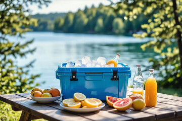 A vibrant blue cooler overflowing with ice and drinks sits on a weathered wooden picnic table alongside fresh citrus fruits, set against a tranquil lake backdrop.