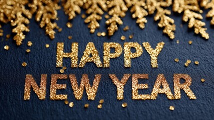 Luxury New Year Greeting with Gold Glitter Pine Branches and Midnight Blue Background