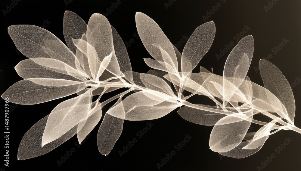 Poster delicate branch with translucent leaves, illuminated against a dark background, showcasing intricate