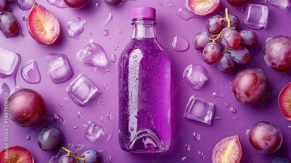 Poster purple grape juice bottle surrounded by ice cubes and fresh grapes on a vibrant purple background. r