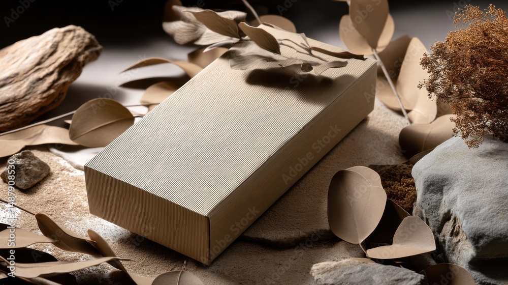 Poster elegant beige cardboard box mockup on a sandy surface, adorned with dried eucalyptus leaves and ston