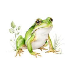 Obraz premium Watercolor painting depicts vibrant green frog sitting in natural habitat.