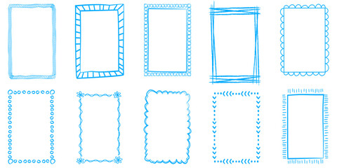 Doodle hand drawn frames. Minimalist line art. Vintage blue ornament borders for wedding, greeting cards, menu, prints, picnic invitations.