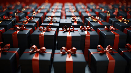 Fototapeta premium Endless Rows of Black Gift Boxes with Red Ribbons