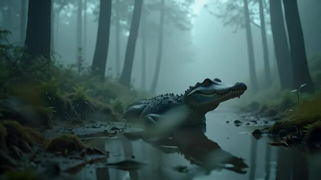 Mysterious alligator in foggy forest