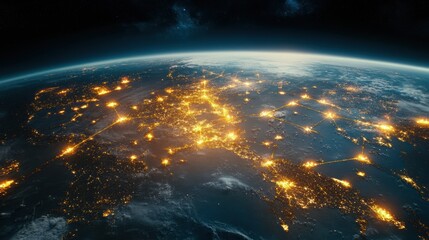 Obraz premium Earth at night, city lights, global network, space view. Possible stock photo use